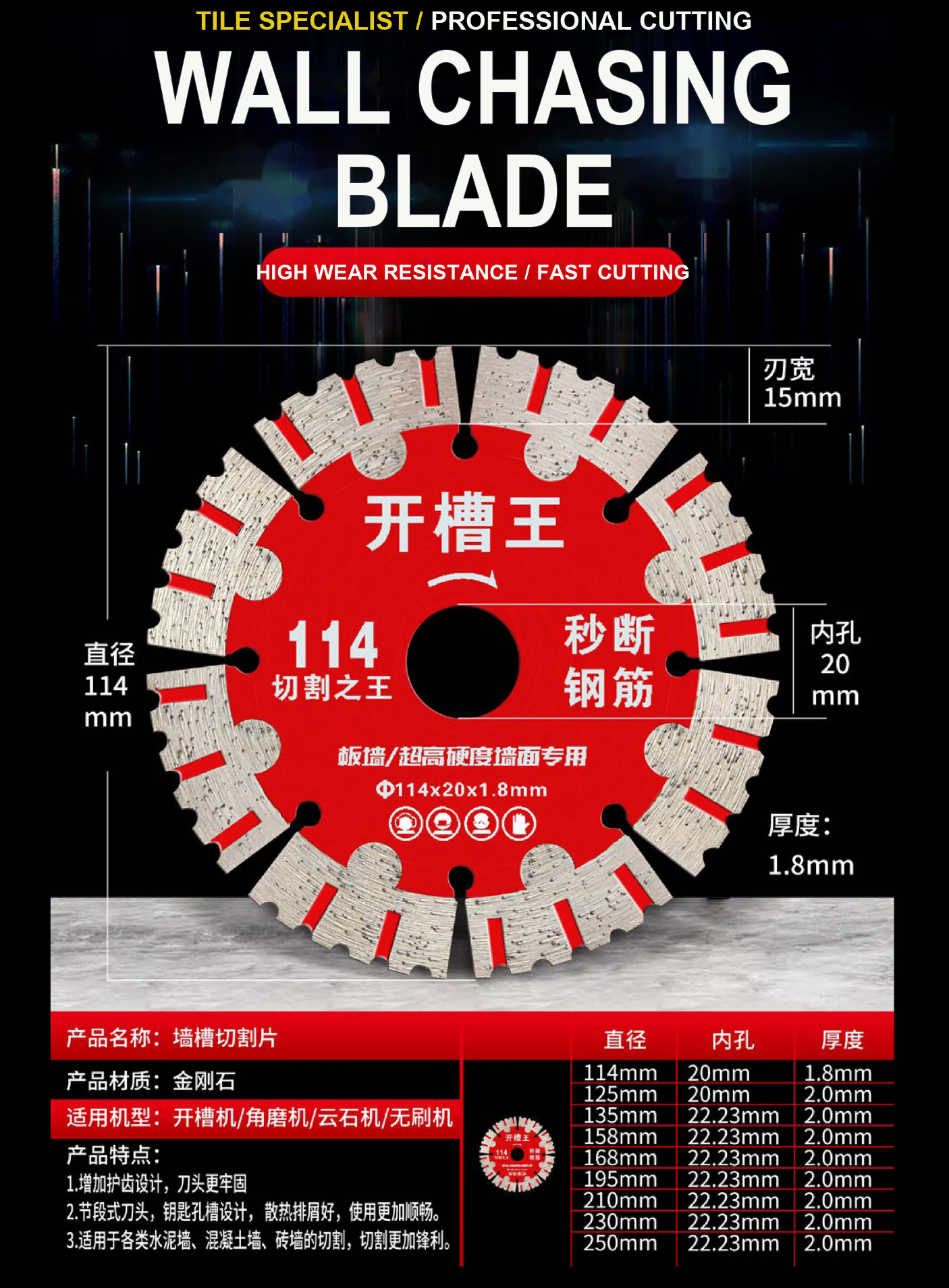 Slot King Wall Chasing Blade - 114mm / 20mm bore / 1.8mm blade thickness / 15mm segment width detail image