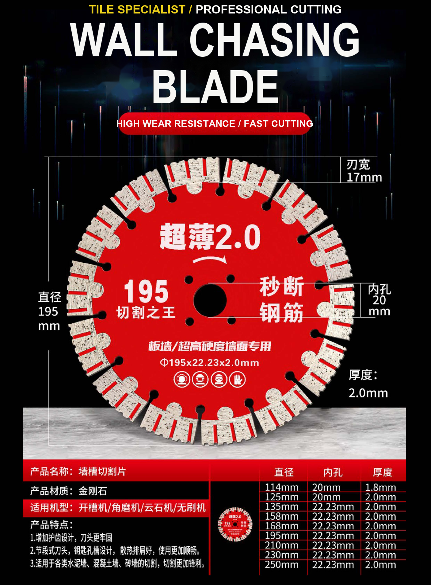 Ultra-Thin 2.0 Wall Chasing Blade - 195mm / 22.23mm bore / 2.0mm blade thickness / 17mm segment width detail image